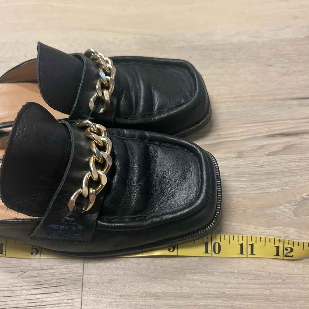 Anthropologie Maeve Shoes Loafers Black Leather Flats Gold Chain Women 37 US 6.5